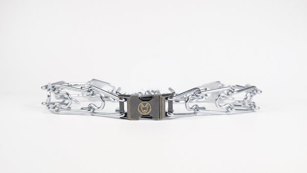 4.0mm Herm Sprenger Prong Collar in Chrome with an Antique Brass Boss Buckle