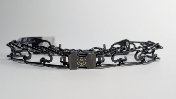 4.0mm black stainless steel Herm Sprenger prong collar with an Antique Brass Boss Buckle