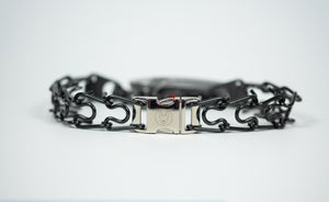 3.0mm short link black stainless steel Herm Sprenger prong collar with a silver Gaucho Buckle 